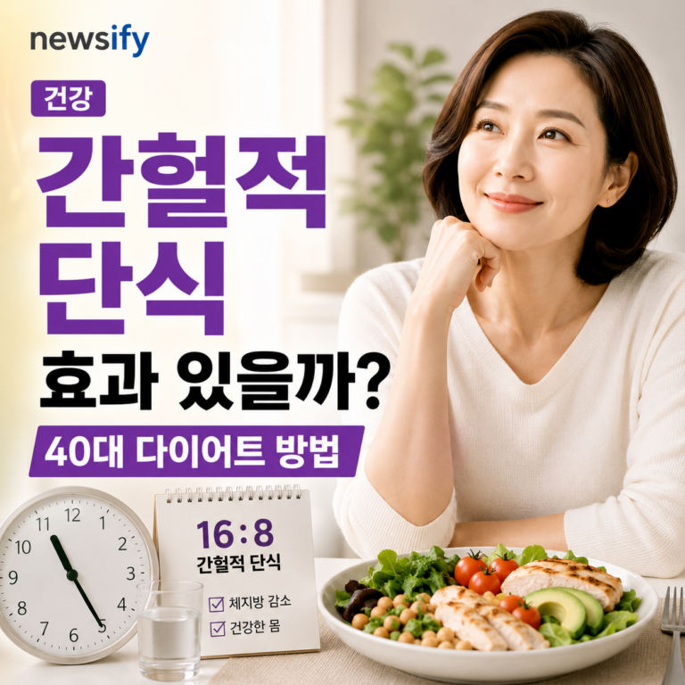 40~50대를 위한 간헐적 단식 효과와 다이어트 방법을 정리한 인포그래픽 썸네일 - @newsify제작