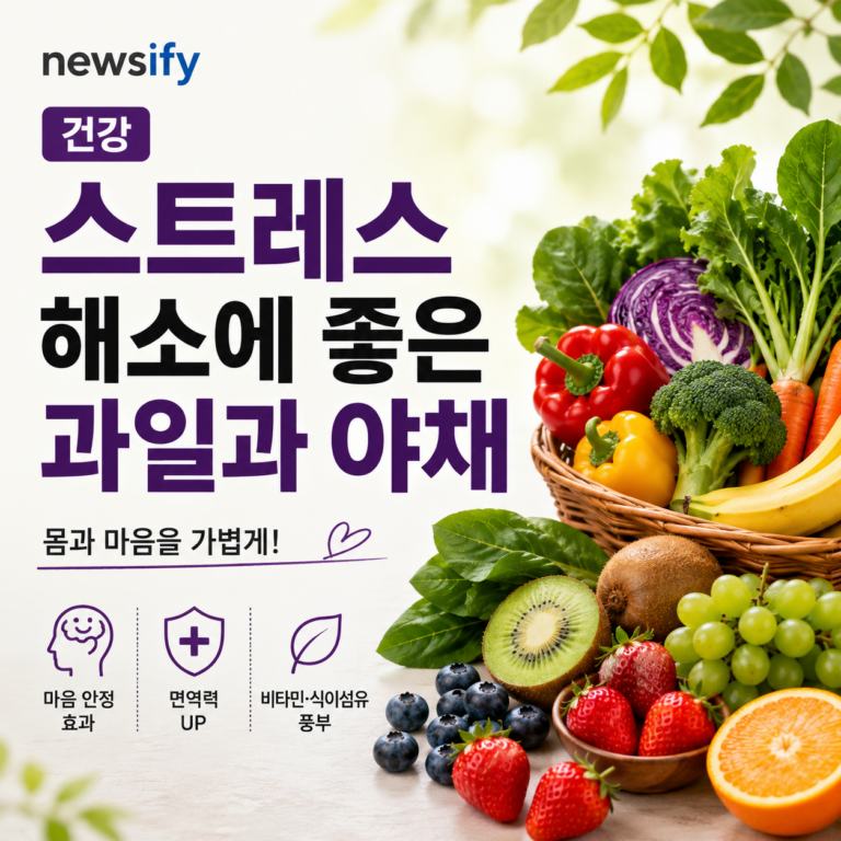 스트레스 해소를 위해 꼭 섭취해야 하는 야채과 과일의 성분을 정리한 인포그래픽 썸네일 - @newsify제작