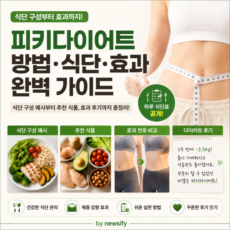피키다이어트 완전정복과 핵심원칙 식단구성을 정리한 인포그래픽 썸네일 - @ newsify 제작